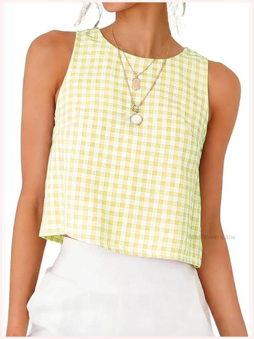 Gingham Crop Tank Top Sleeveless Summer Top High Neck Back Buttons